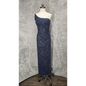 Vtg Scala XS One Shoulder Sequin Beaded Silk Gown Back Lattice Slit Dress Prom
